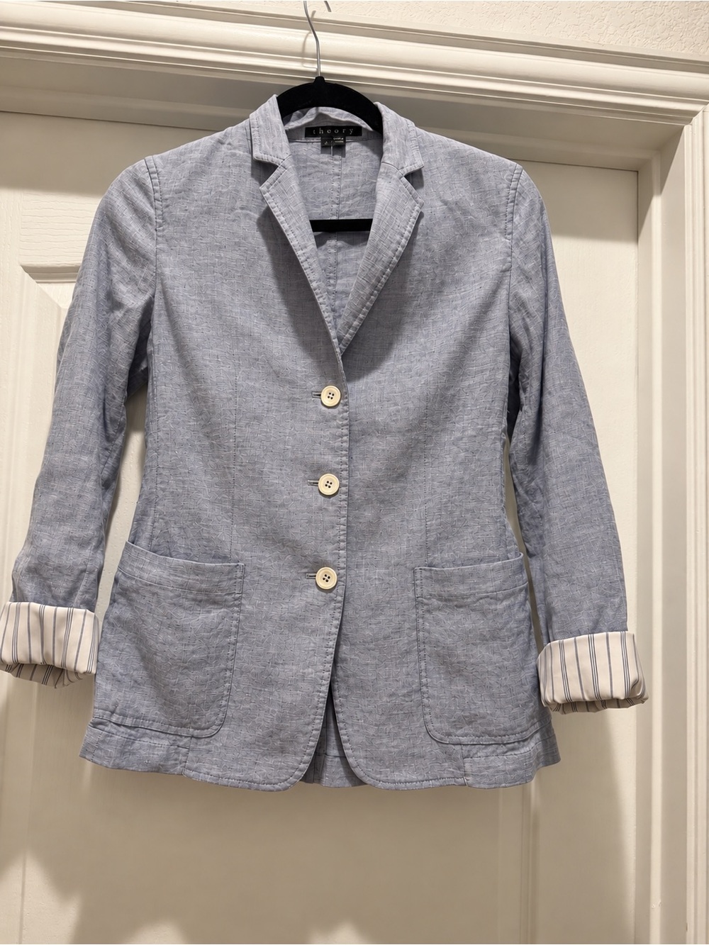 Theory Linen Blend Blazer Light Blue Gray Size 2 Rolled Stripe Cuffs